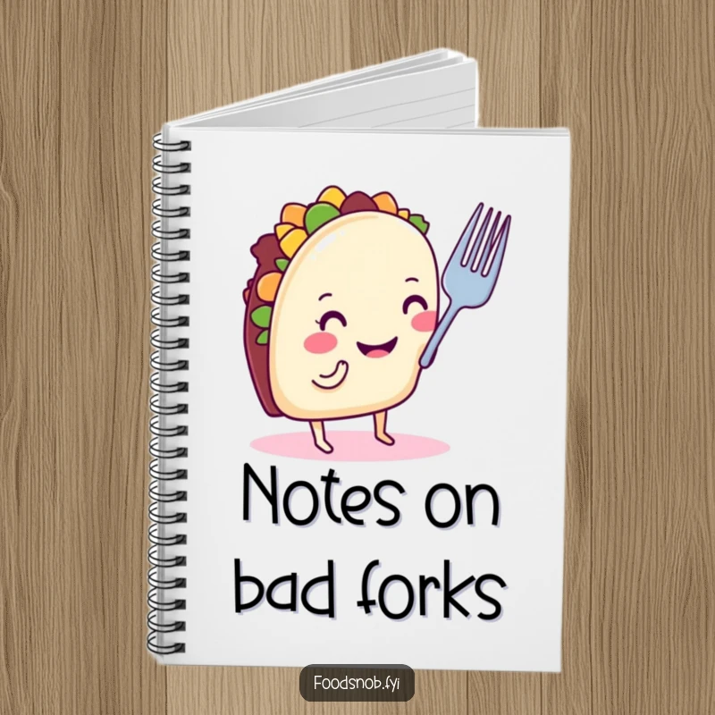 Funny taco notebook with a smiling taco on tiny legs, nose-critiquing a small fork, ideal for a humorous stationery gift.