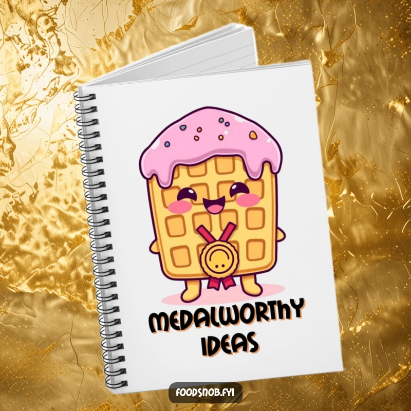 Funny Notebook: A smiling, proud waffle receiving a tiny medal, perfect for recording achievements with humor, funny gift.