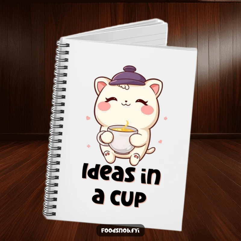 Funny smiling boba tea character winking with a miniature teacup on the cover of a playful notebook.