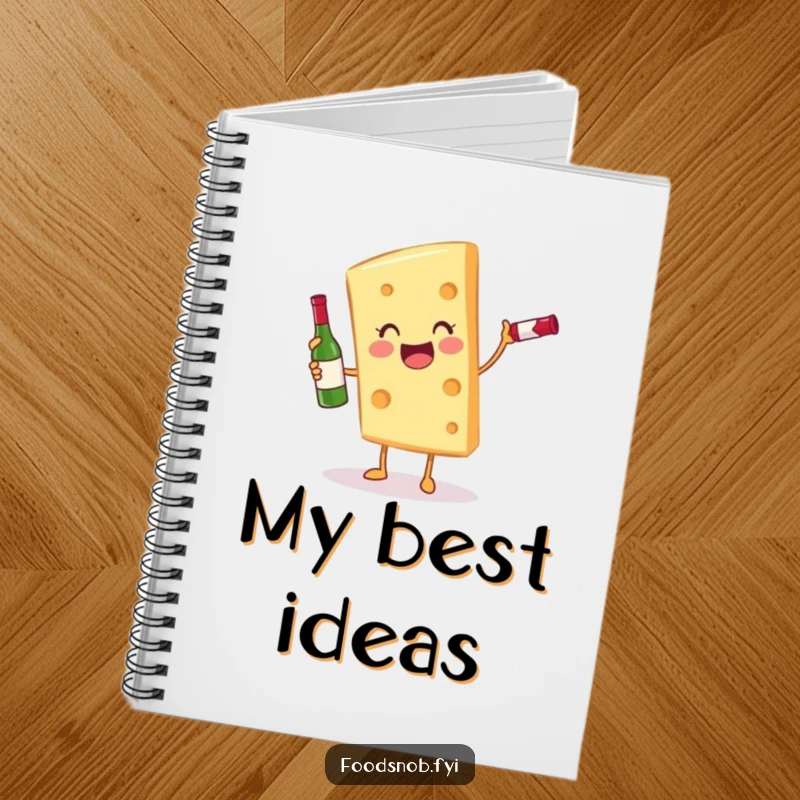 Funny gleeful cheese slice character with a miniature wine bottle on a notebook cover, perfect for creative writing.
