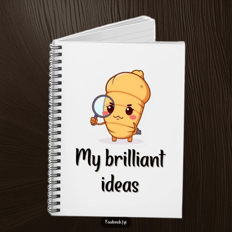 Funny croissant notebook with a haughty croissant, pursed lips, holding a tiny magnifying glass, chic humorous stationery gift.
