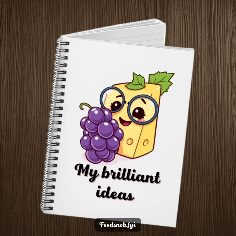 Funny notebook cover featuring a smiling cheese wedge with a monocle, examining a miniature grape with keen delight.