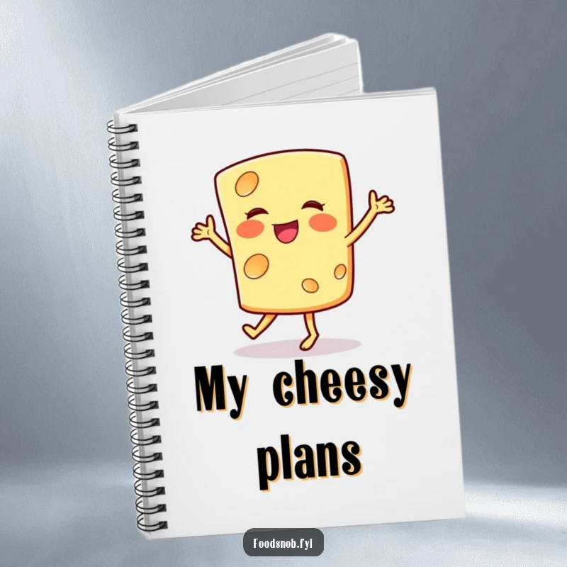 Funny notebook featuring a smiling cheese slice doing a happy jig, perfect for jotting down cheesy and humorous notes.