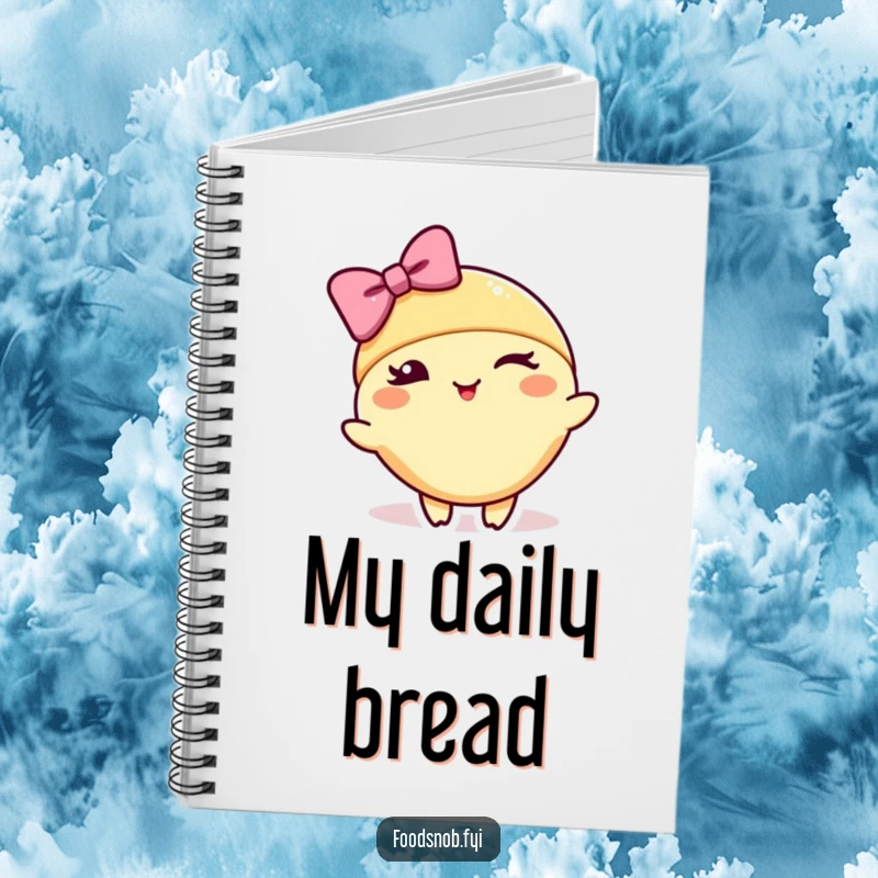 Funny notebook cover with a croissant character winking and bowing, inspiring elegant note-taking and creative expression.