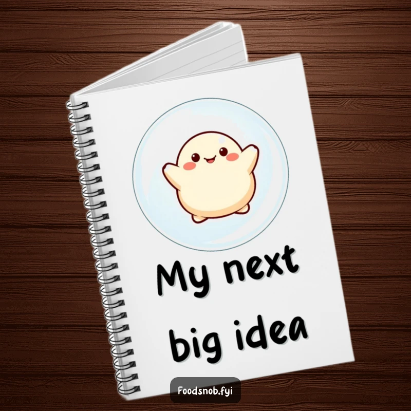 Funny notebook with a Dumpling character joyfully floating upwards on a bubble, perfect for capturing notes with a smile.