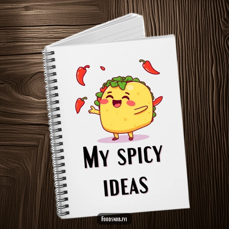 Funny notebook cover showing a happy taco character juggling small chili peppers, perfect for writing and sketching.