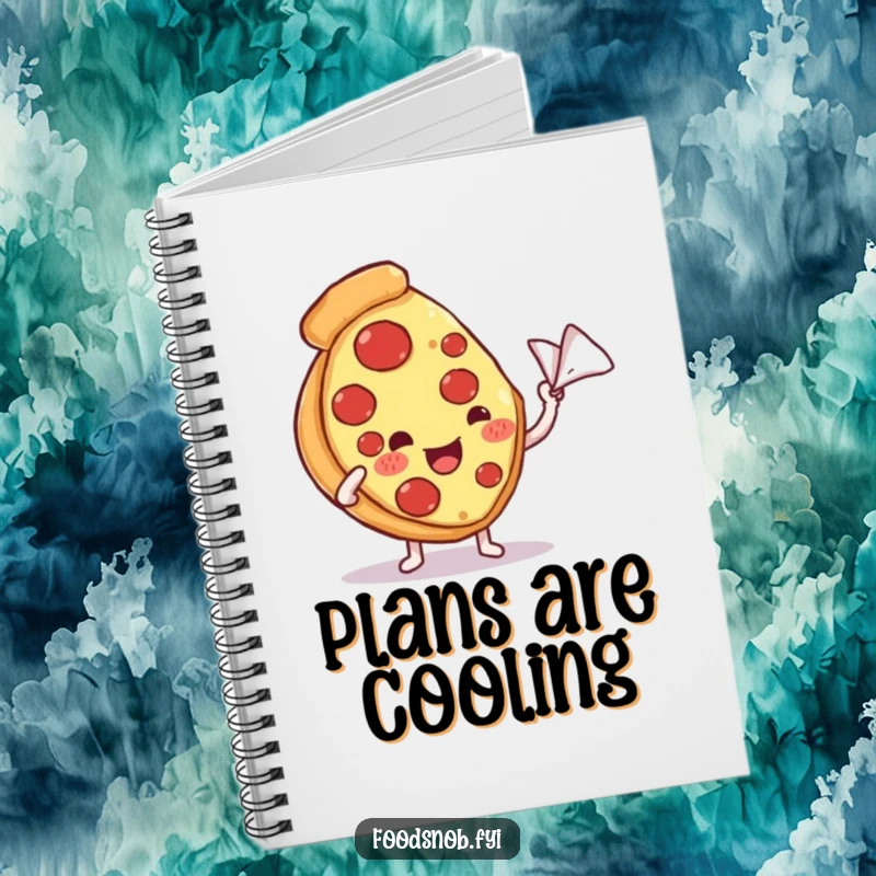 Funny notebook featuring a content pizza slice character being fanned with a tiny napkin, designed for jotting down humorous and delicious ideas.