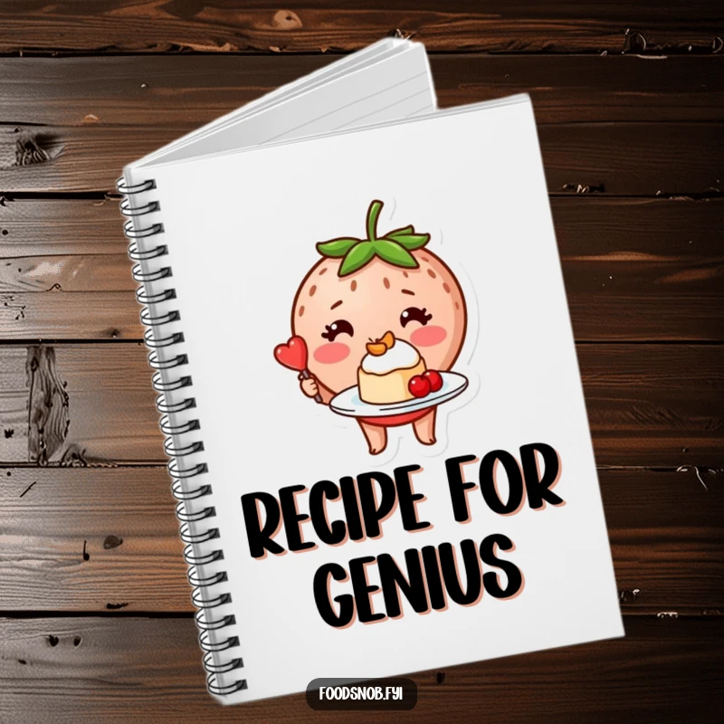 Funny blushing strawberry character proudly presenting a tiny, perfectly plated dessert on the cover of a cute notebook.