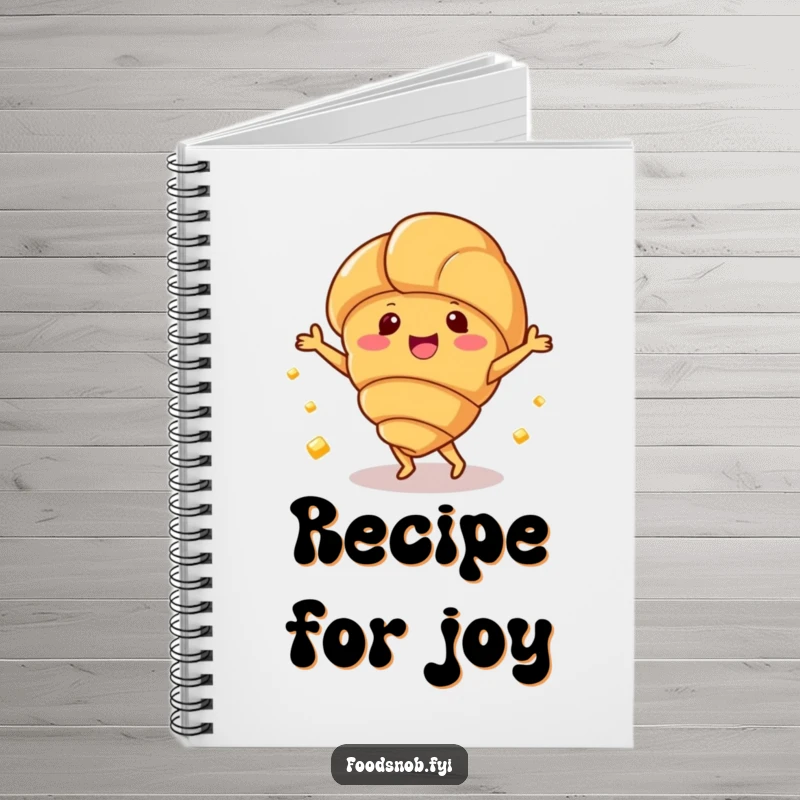 Funny notebook with a happy croissant character dancing with small butter pats, for writing notes.