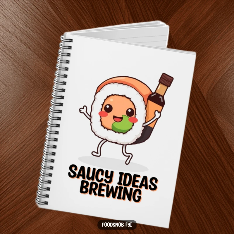 Funny Kawaii sushi notebook, a sushi roll dancing with a soy sauce bottle, ideal for writing, planning, and spreading humor.