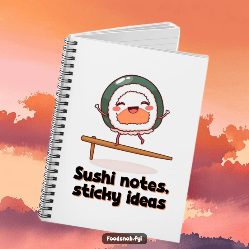 Funny notebook cover with a cheerful sushi piece with tiny legs dancing on a chopstick, perfect for jotting down culinary ideas.