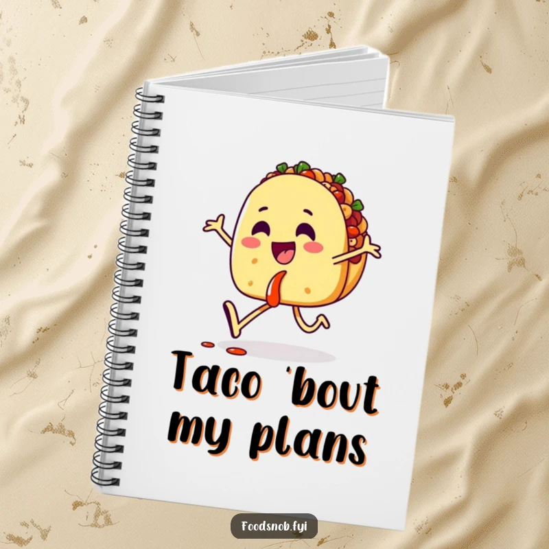 Funny notebook featuring a happy taco character skipping with salsa, designed for jotting down notes with a side of edible cheer.