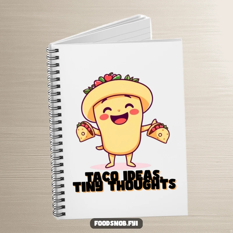 Funny notebook cover with a cheerful taco character juggling tiny tacos, perfect for jotting down culinary ideas and recipes.