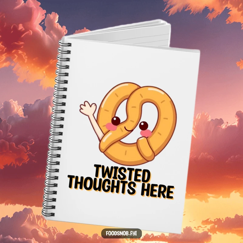 Funny pretzel notebook featuring a happy pretzel character waving its loop, perfect for jotting down notes with a smile.