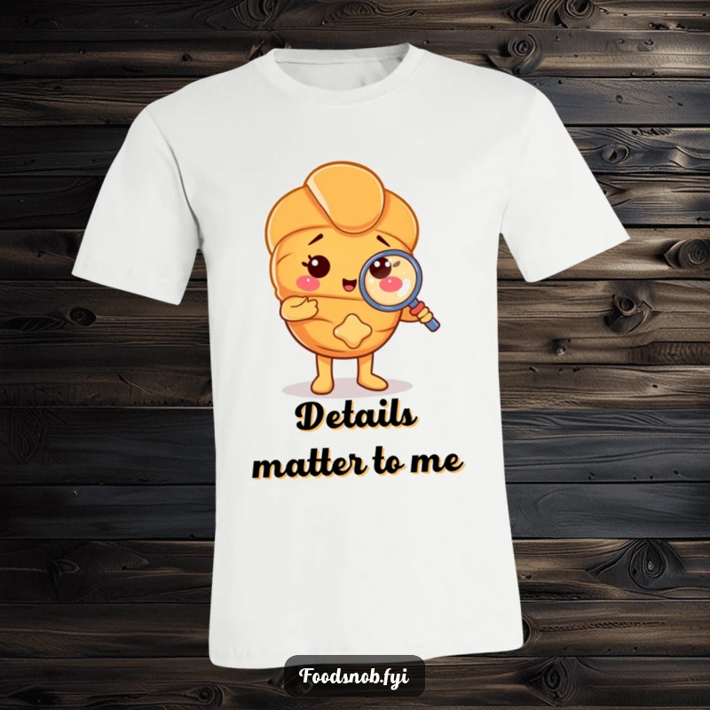 Funny t-shirt featuring a proud croissant character examining a tiny crumb with a magnifying glass. A humorous and detailed pastry design.