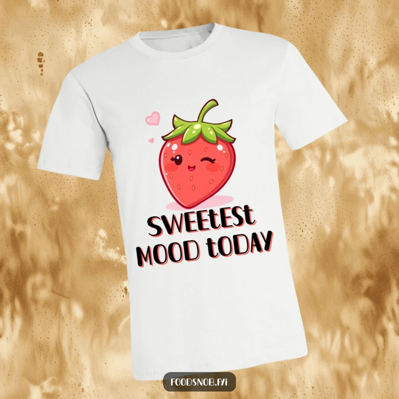 Funny t-shirt showcasing a bubbly strawberry character winking with a sprinkle of sugar, ideal for humor lovers and sweet gift seekers.