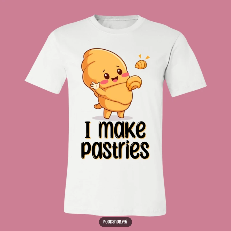 Funny Croissant T-Shirt: Adorable Pastry Character Hilariously Gestures to Tiny Golden Croissant