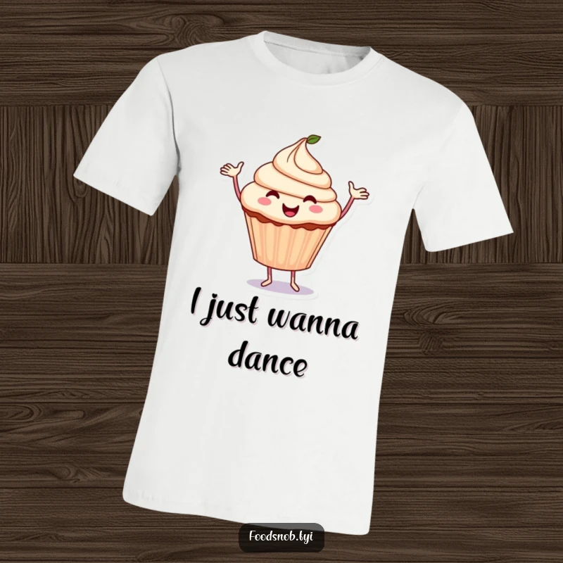 Funny Cupcake T-Shirt: A smiling cupcake with arms outstretched dances merrily, radiating pure joy and deliciousness.