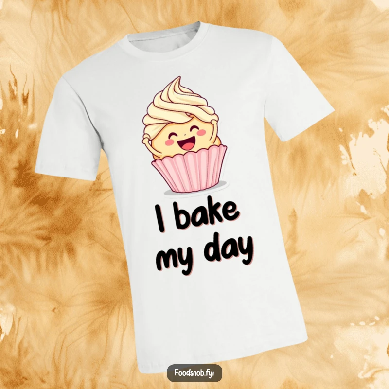 Funny t-shirt depicting a smiling cupcake character enthusiastically frosting a bigger cupcake, celebrating the joy of baking.