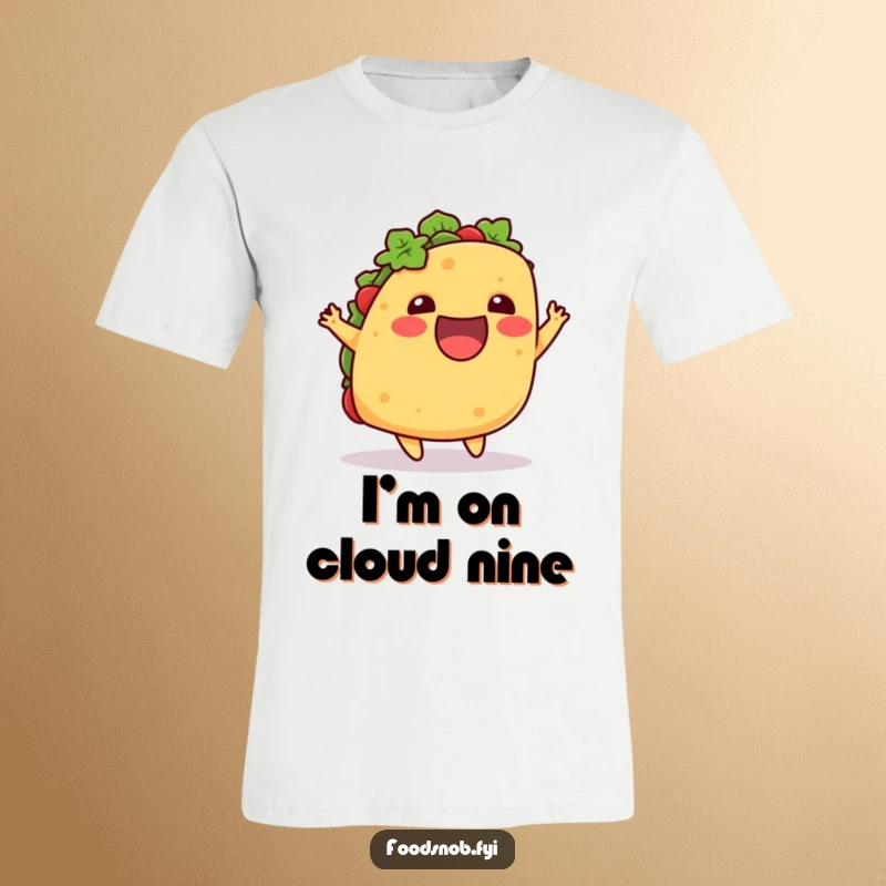 Funny t-shirt with an excited taco performing a playful upward hop, conveying excitement and a love for delicious food.