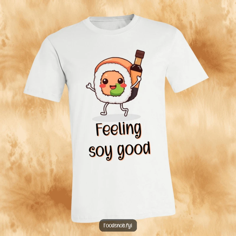 Funny Kawaii sushi t-shirt, a sushi roll dancing with legs and a soy sauce bottle, a humorous design for foodies.