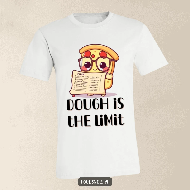 Funny t-shirt featuring a cute pizza slice character with tiny glasses intently studying a detailed recipe scroll.