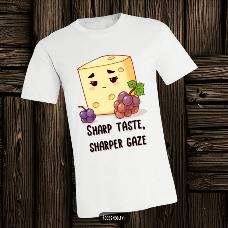 Funny stern cheese t-shirt with a discerning cheese, stern expression, inspecting a tiny grape, witty food apparel gift.