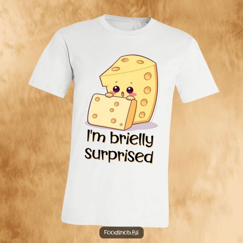 Funny t-shirt depicting a surprised cheese wedge character gazing over an oversized fancy cracker, celebrating snack surprises.