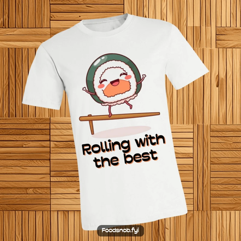 Funny t-shirt depicting a piece of sushi with tiny legs joyfully dancing while balancing on a chopstick, showcasing playful food artistry.