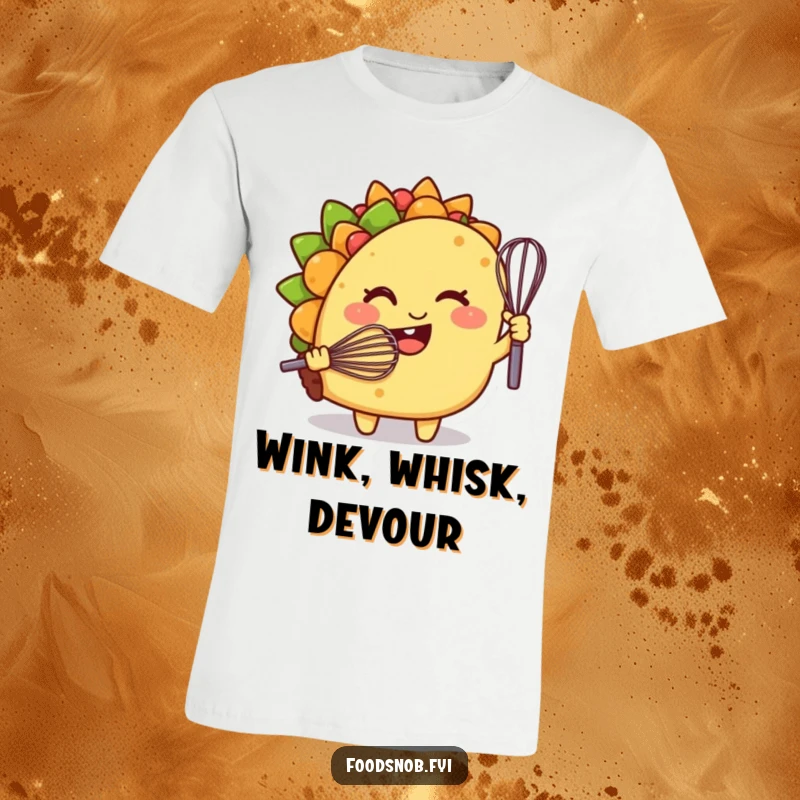 Funny t-shirt, a smiling taco character winking confidently while holding a tiny whisk, ready for culinary fun.