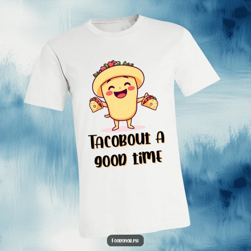 Funny t-shirt depicting a smiling taco character skillfully juggling miniature tacos, showcasing playful food artistry.