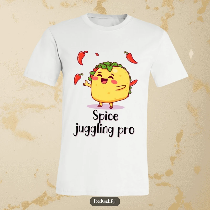 Funny t-shirt with a beaming taco character expertly juggling fiery chili peppers, expressing pure culinary joy.
