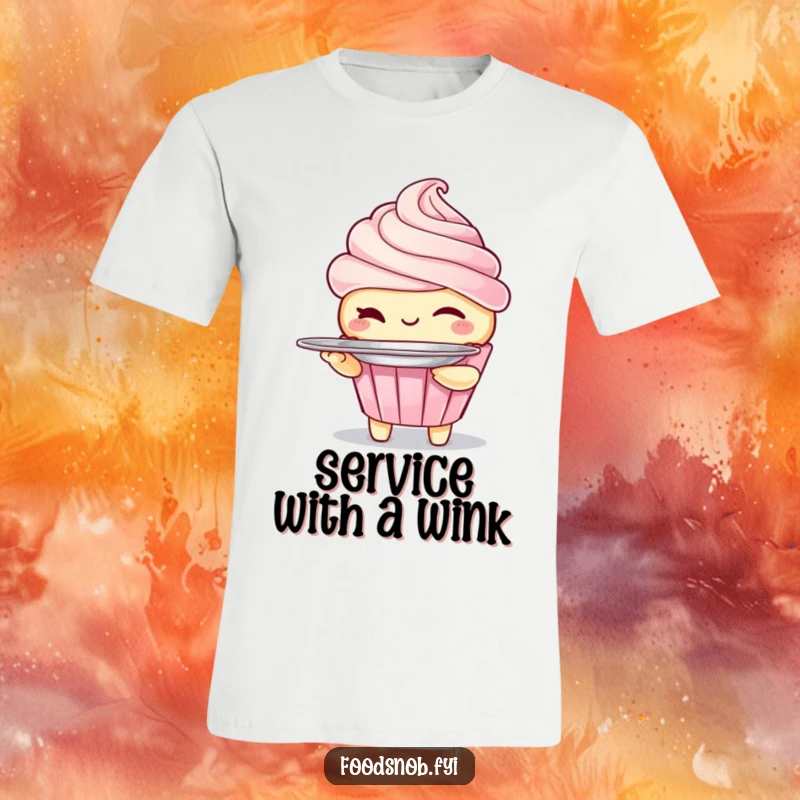 Funny t-shirt with a winking cupcake character holding a miniature silver platter. A fun and humorous dessert apparel.