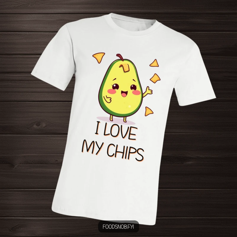 Funny Avocado T-Shirt: A cheeky avocado happily juggles small tortilla chips, showcasing its playful personality.