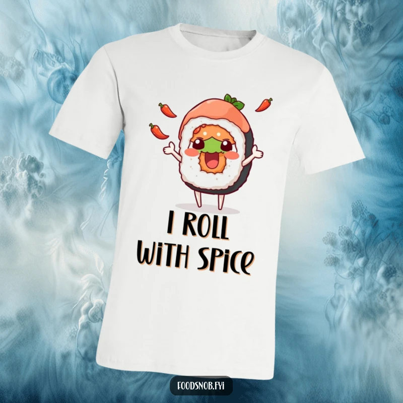 Funny t-shirt showcasing a happy sushi roll character energetically juggling tiny chili peppers, a celebration of spicy fun.