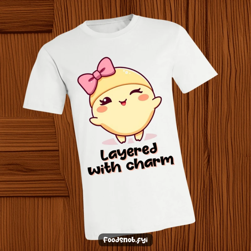 Funny t-shirt graphic of a croissant character winking and executing a formal bow, conveying sophistication and humor.