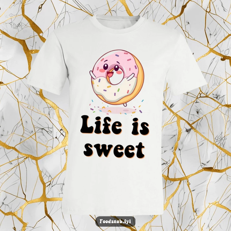 Funny delighted donut character spinning with joy on its sprinkles, printed on a playful t-shirt.