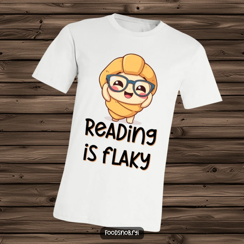 Funny T-Shirt: A detailed illustration of a giggling croissant struggling to wear tiny spectacles, showcasing a humorous foodie moment.