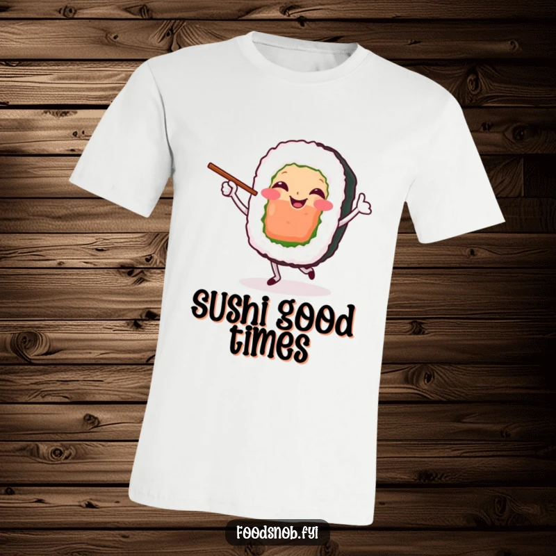 Funny T-Shirt of a smiling sushi roll character doing a joyful dance, holding chopsticks aloft.
