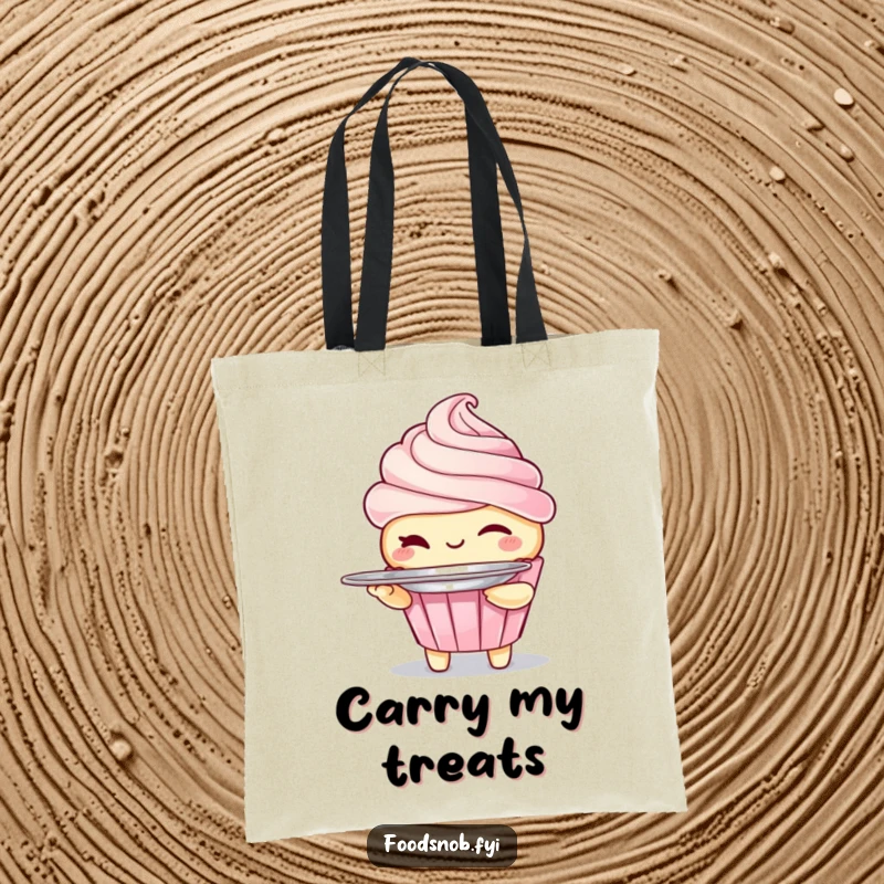 Funny tote bag featuring a winking cupcake character holding a tiny platter. A practical and humorous dessert-themed accessory.