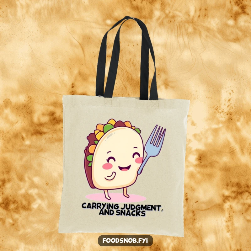 Funny taco tote bag with a smiling taco on tiny legs, nose-critiquing a small fork, excellent humorous accessory gift.