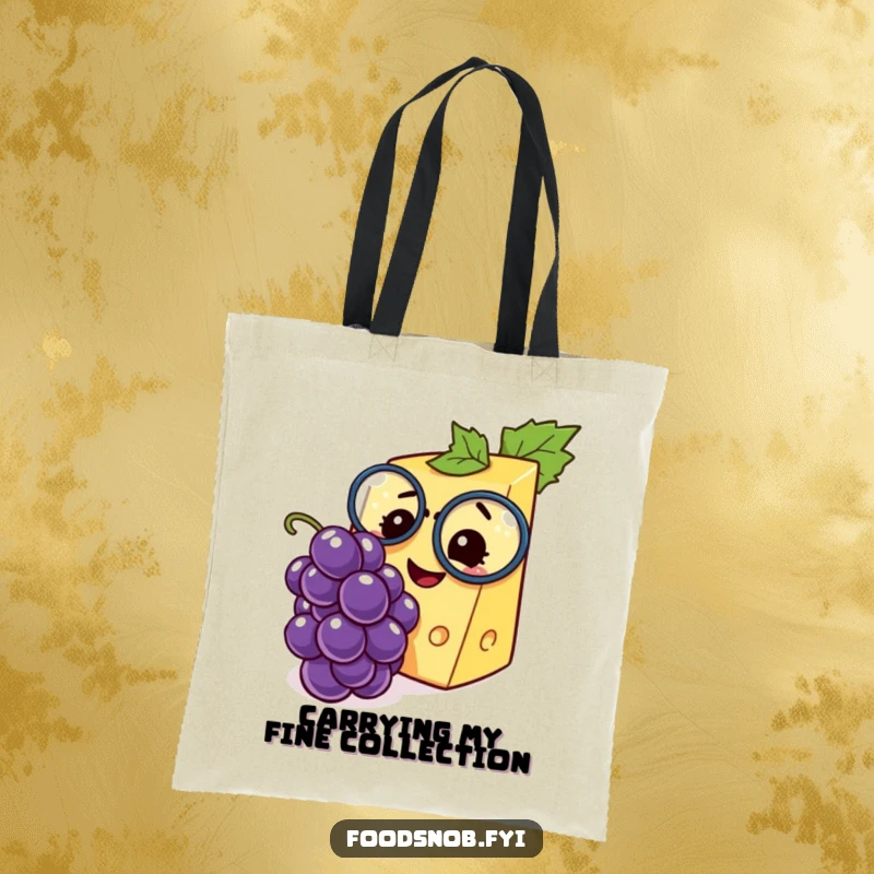Funny tote bag with an elegant cheese wedge character wearing a monocle, delightedly inspecting a small grape, a quirky accessory.