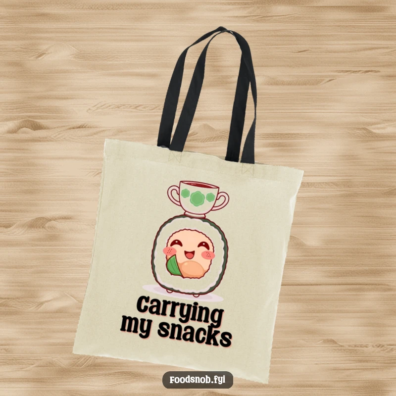 Funny tote bag with a smiling sushi roll character happily balancing a tiny teacup on its head.