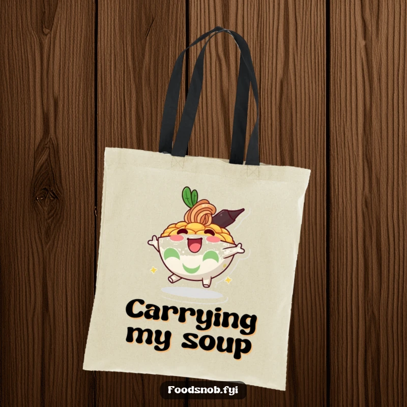 Funny tote bag with a cheerful, bouncing ramen bowl character spreading joy and excitement, perfect for food lovers.