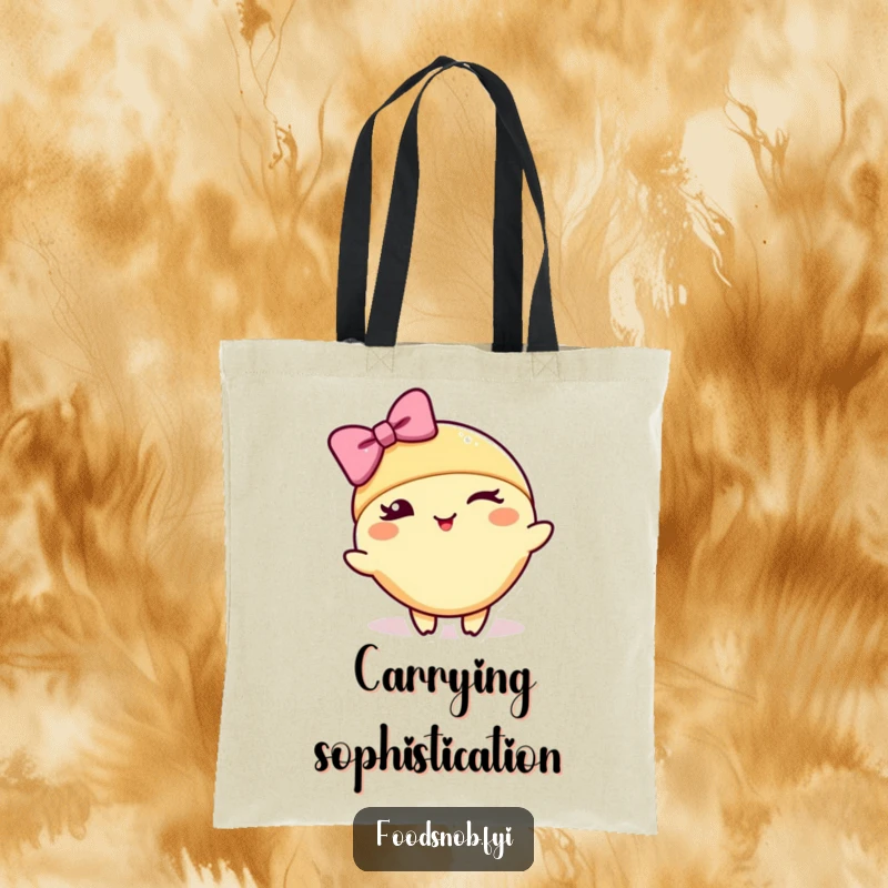 Funny tote bag illustration of a croissant character winking and performing a neat bow, embodying stylishness and humor.