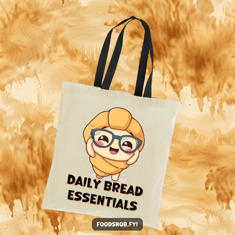 Funny Tote Bag: A delightful croissant character amusingly attempts to wear tiny spectacles, perfect for carrying daily items with humor.