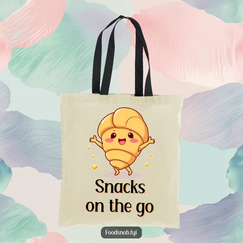 Funny tote bag with a happy croissant character dancing with small butter pats, perfect for carrying items.