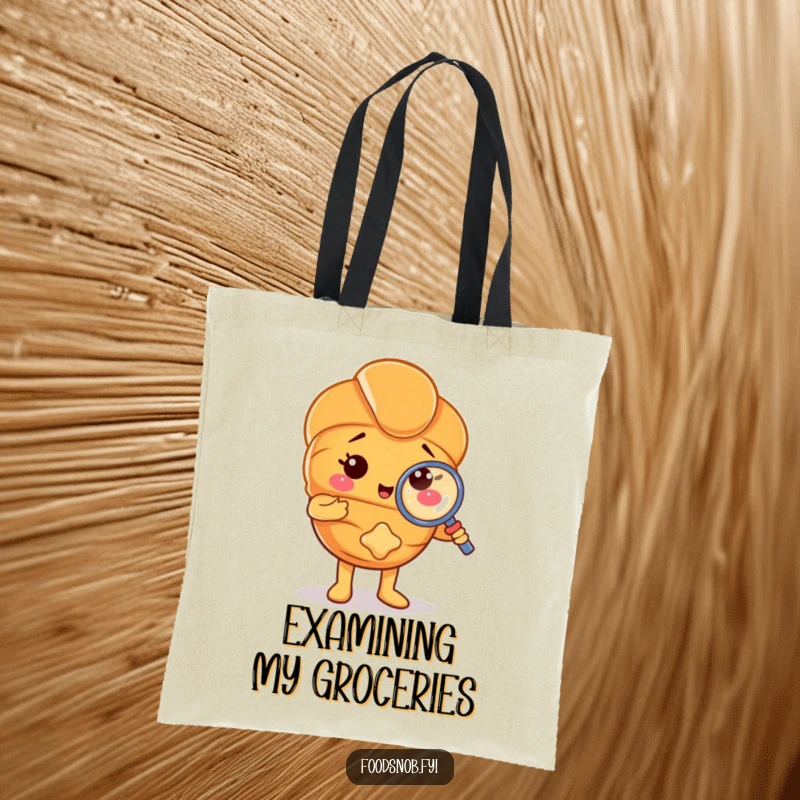 Funny tote bag featuring a croissant character inspecting a crumb with a magnifying glass. A practical and humorous pastry-themed accessory.