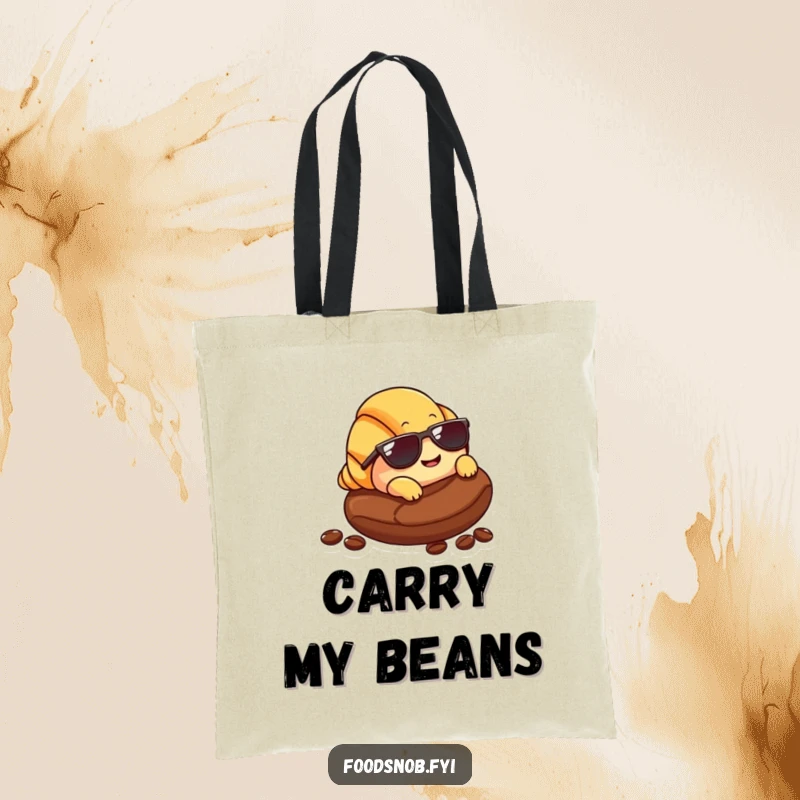 Funny Croissant Tote Bag: A chic tote showcasing a smiling croissant with sunglasses lounging on a coffee bean, ideal for fashionable errands.