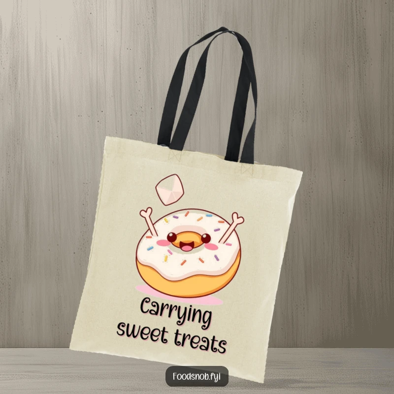 Funny Tote Bag: A jubilant donut with sprinkles tossing a sugar cube, perfect for carrying essentials with sweetness and humor, funny gift.